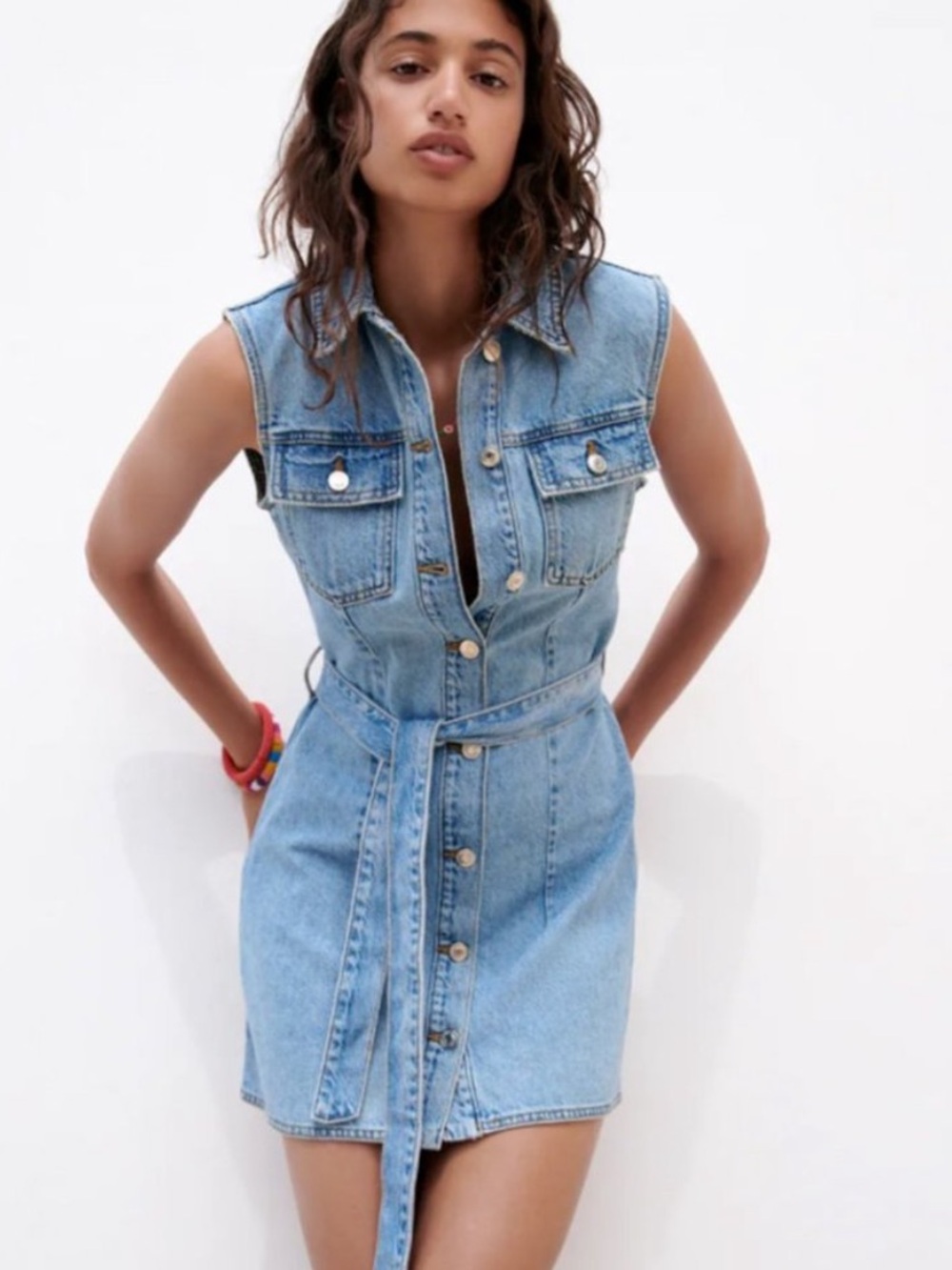 Zara Light Blue Sleeveless Denim Mini Dress with Waist Tie Size Medium